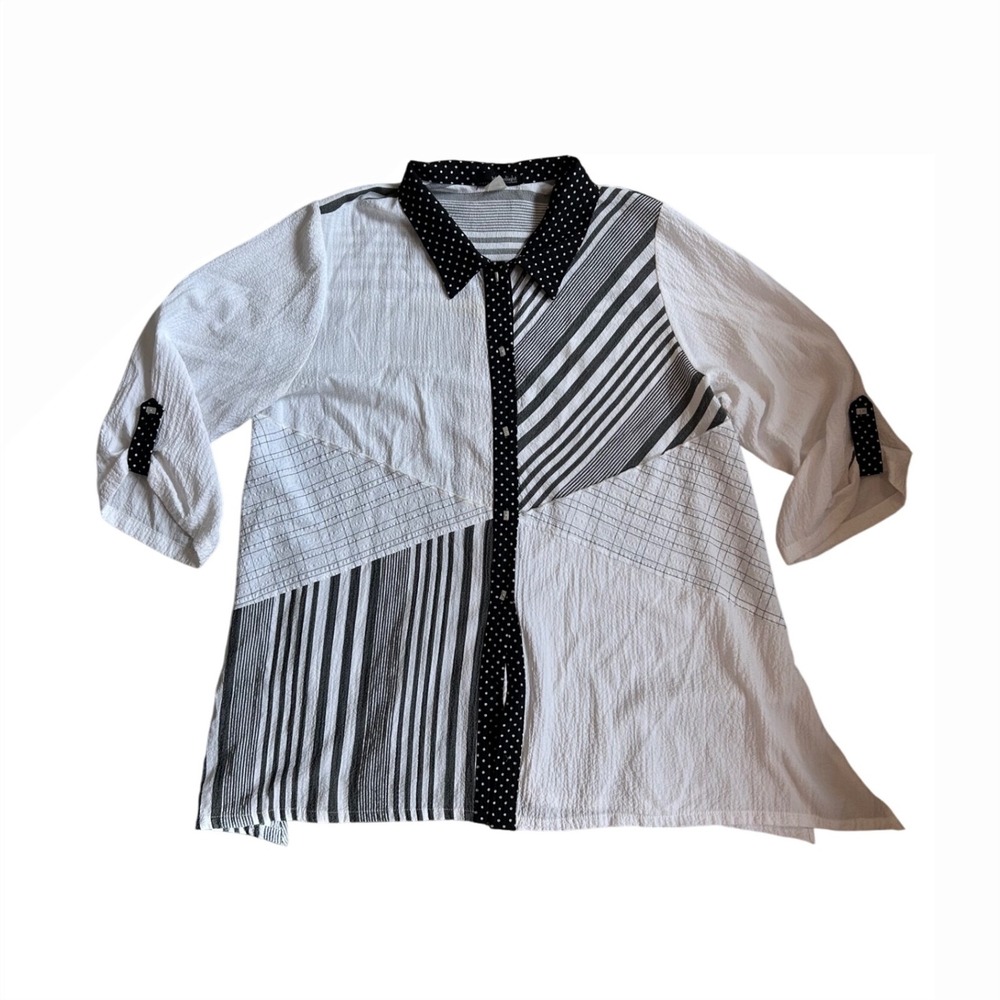 VTG oversized polka dot striped boho funky black white collard shirt jacket XXL